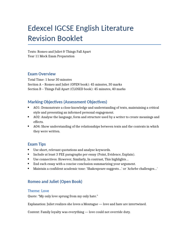 IGCSE English Literature Romeo and Juliet Revision Booklet | PDF ...