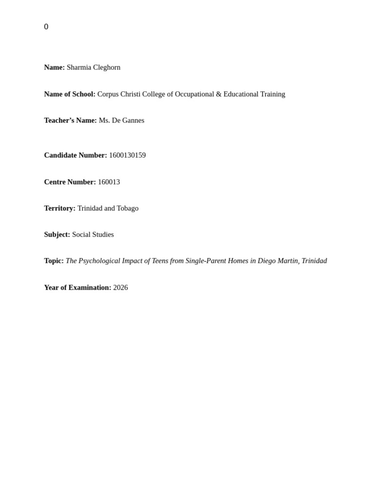Sharmia Cleghorn Social Studies Updated Sba | PDF | Single Parent ...