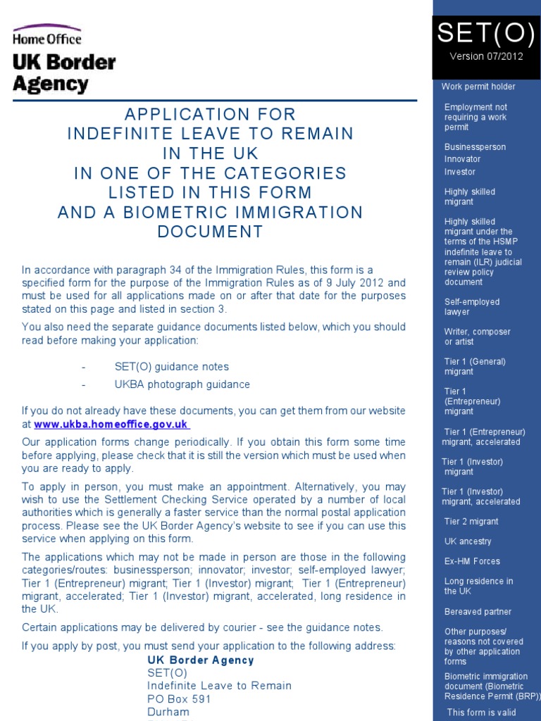 Application For Indefinite Leave To Remain In The Uk In One Of The