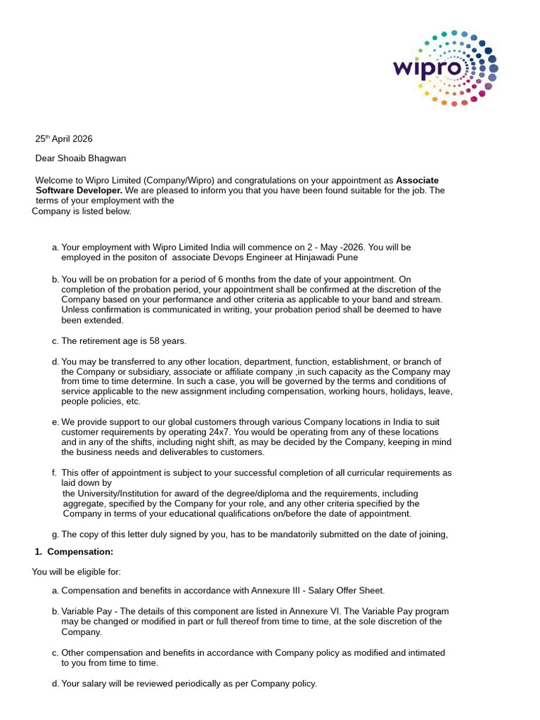 Appointment Letter | PDF | Employment | Compensation And Benefits