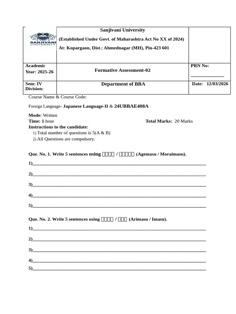 FA-2 Japanese Exam Paper-BBA | PDF | Linguistics