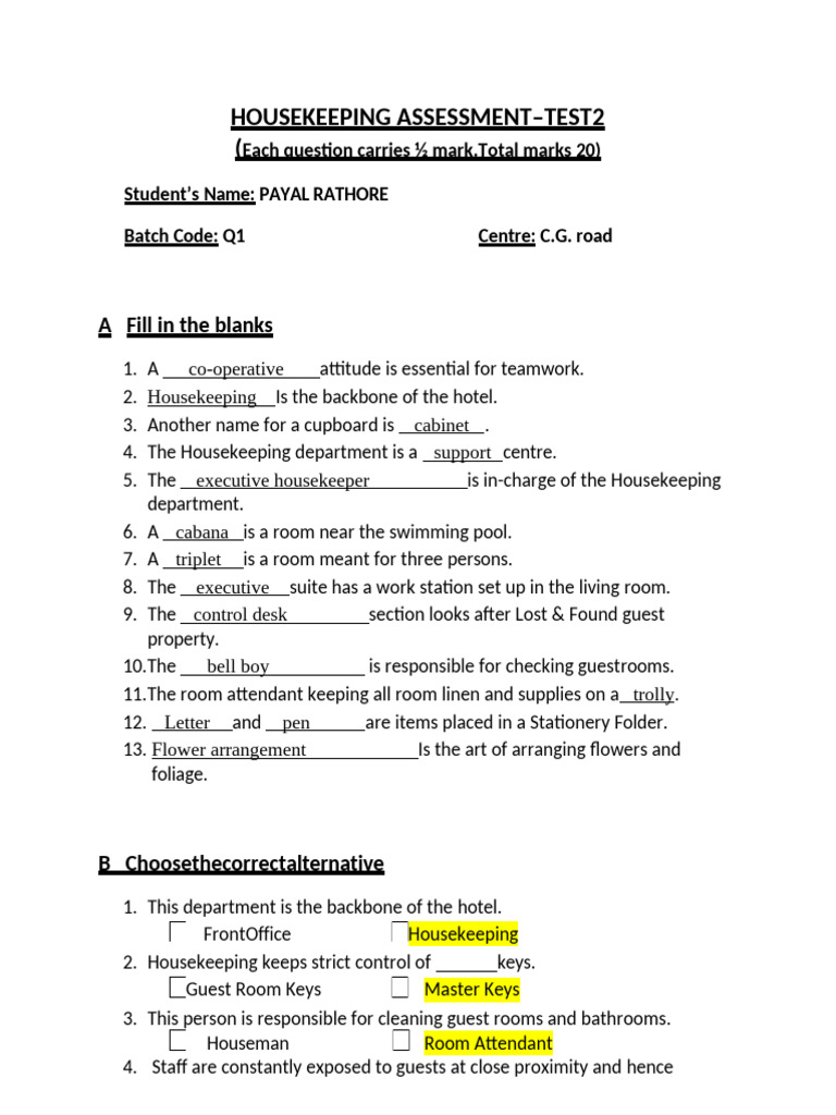 Housekeeping Assessment Test - 2 | PDF | Housekeeping