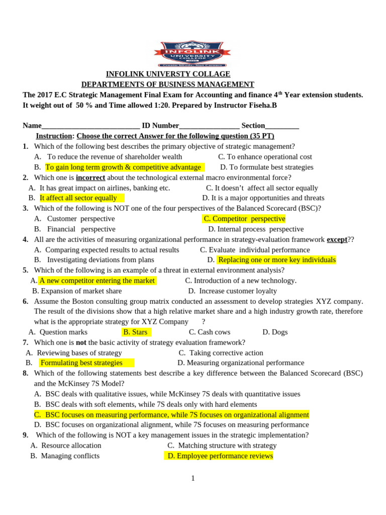 SM FINAL ACC Ex 1 & 2 With Answer | PDF | Strategic Management | Business
