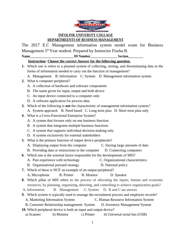 Mis Model Exam With Answer | PDF | Peripheral | System
