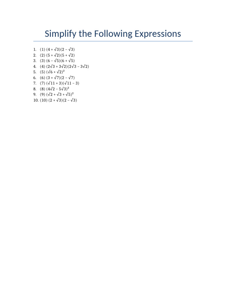 Simplify Expressions Practice Class9 | PDF