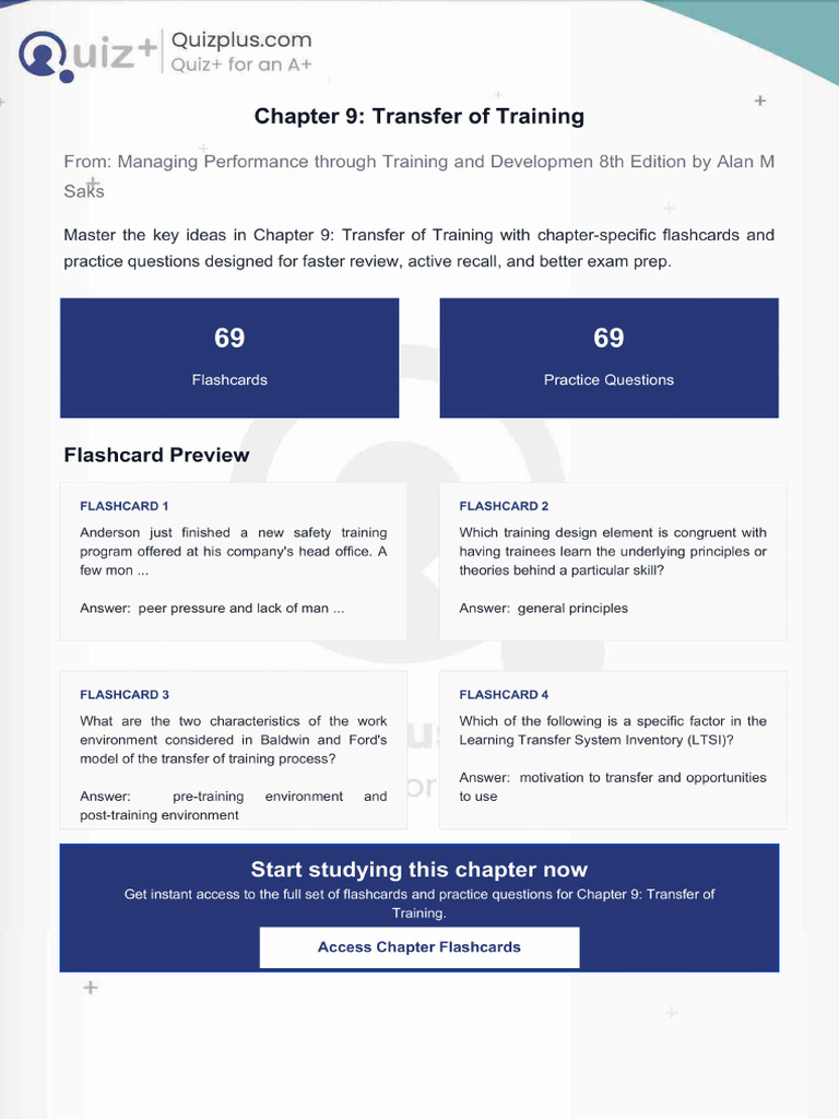 Flashcards for Chapter 9 Transfer of Training | PDF