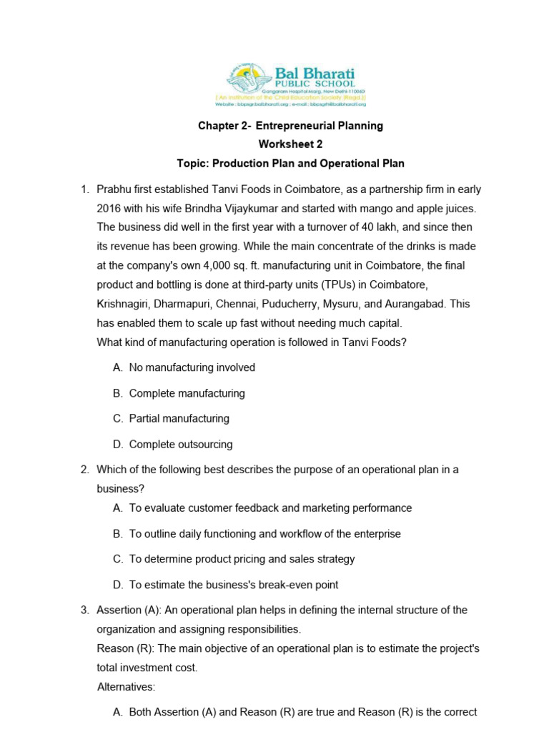 XII Entrepreneurship Chapter 2 Worksheet 2 | PDF | Business
