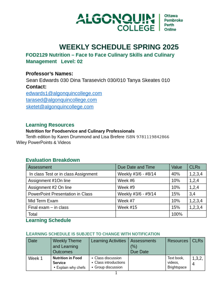 Weekly-Schedule-Spring 2025 Nutrition FOD2129 | PDF | Gluten Free Diet ...