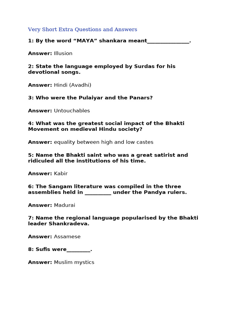 Questions and Answers Class 7 Chapter 8 | PDF | Bhakti Movement | Bhakti