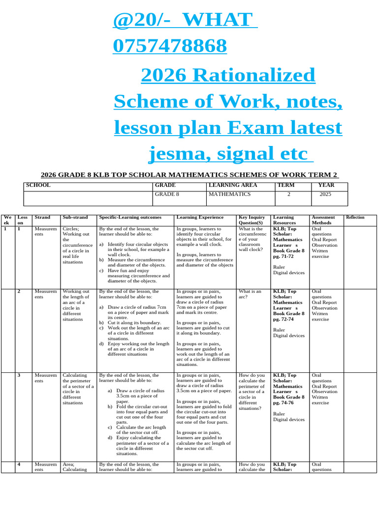 ? g 8 Term 2 Mathematics Schemes | PDF | Area | Circle