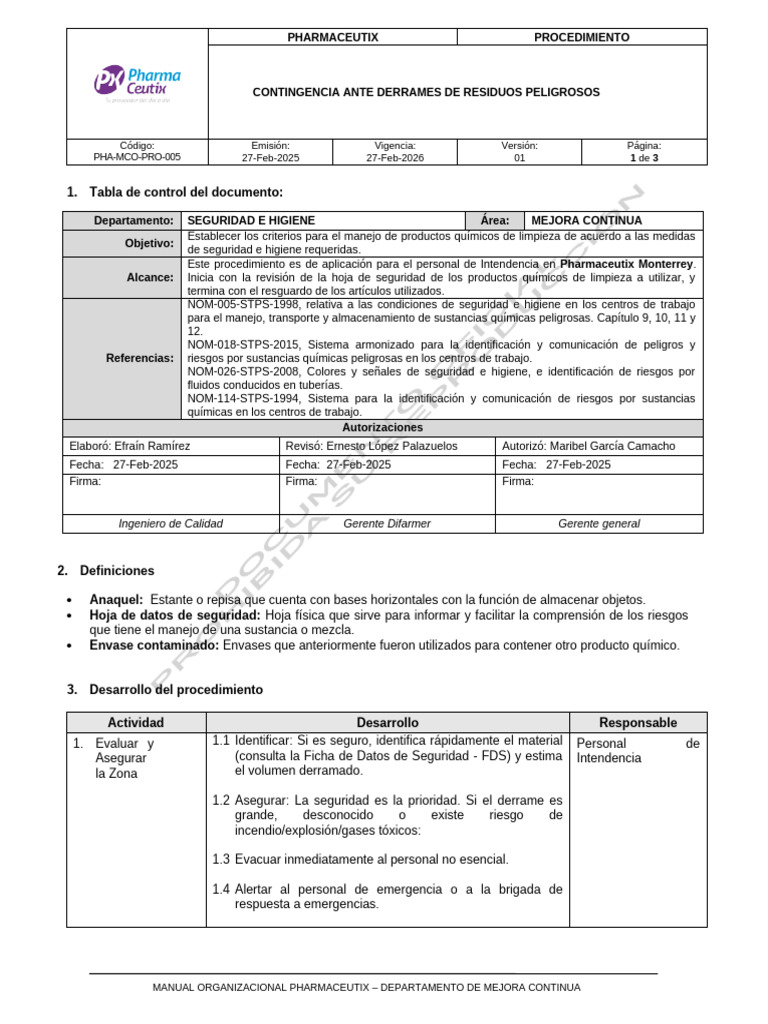 Procedimiento de Contingencia Ante Derrames de RP | PDF | Residuos ...