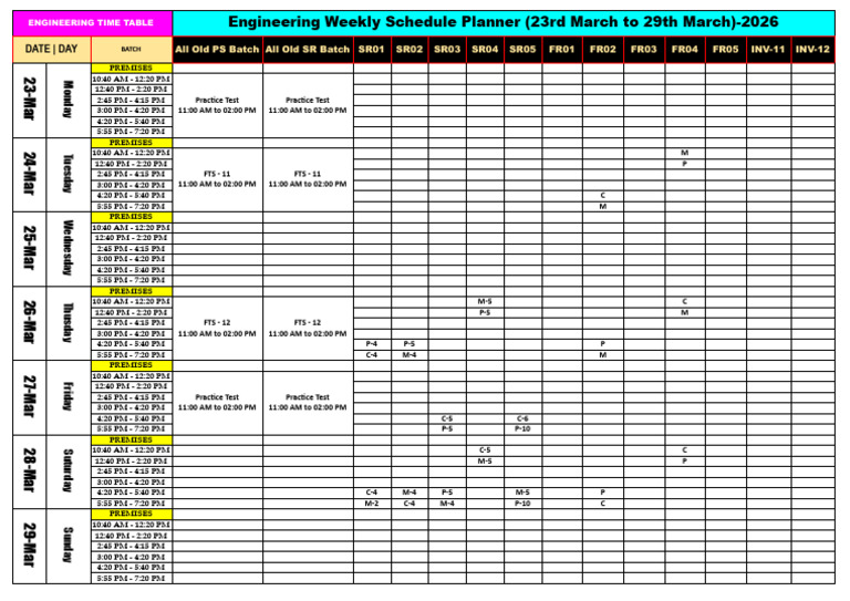 Engineering Weekly Schedule Planner (23rd March to 29th March)-2026 | PDF