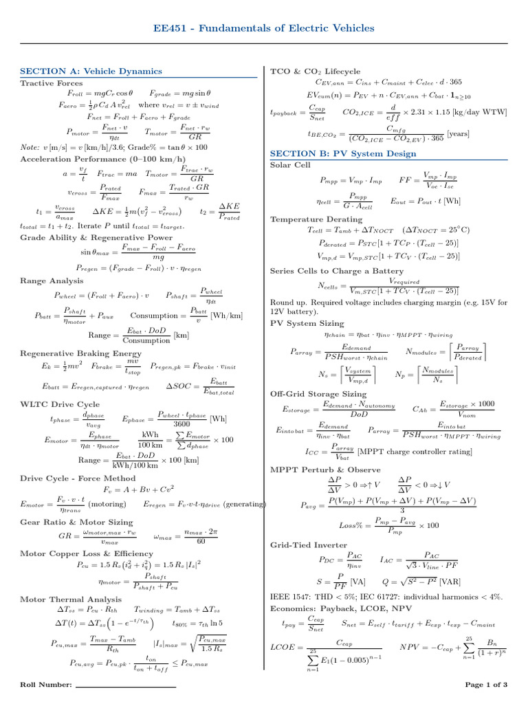 EV Formulae Sheet (1) | PDF | Electromagnetism | Electricity