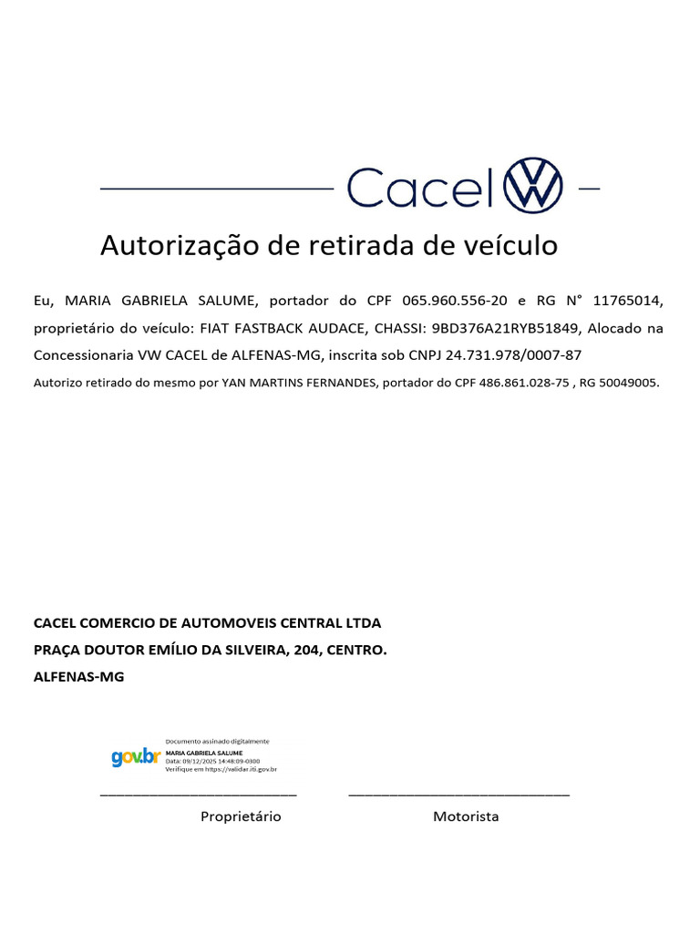 Autorizacao de Retirada Cacel OK Assinado.pdf Assinado | PDF