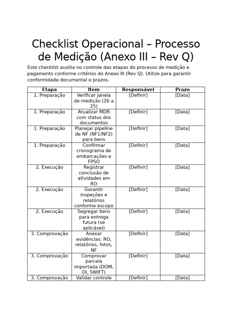 Checklist Operacional Medicao | PDF