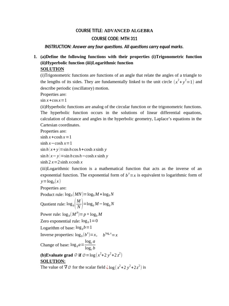 Advanced Algebra Mth 311 Questions and Answers | PDF