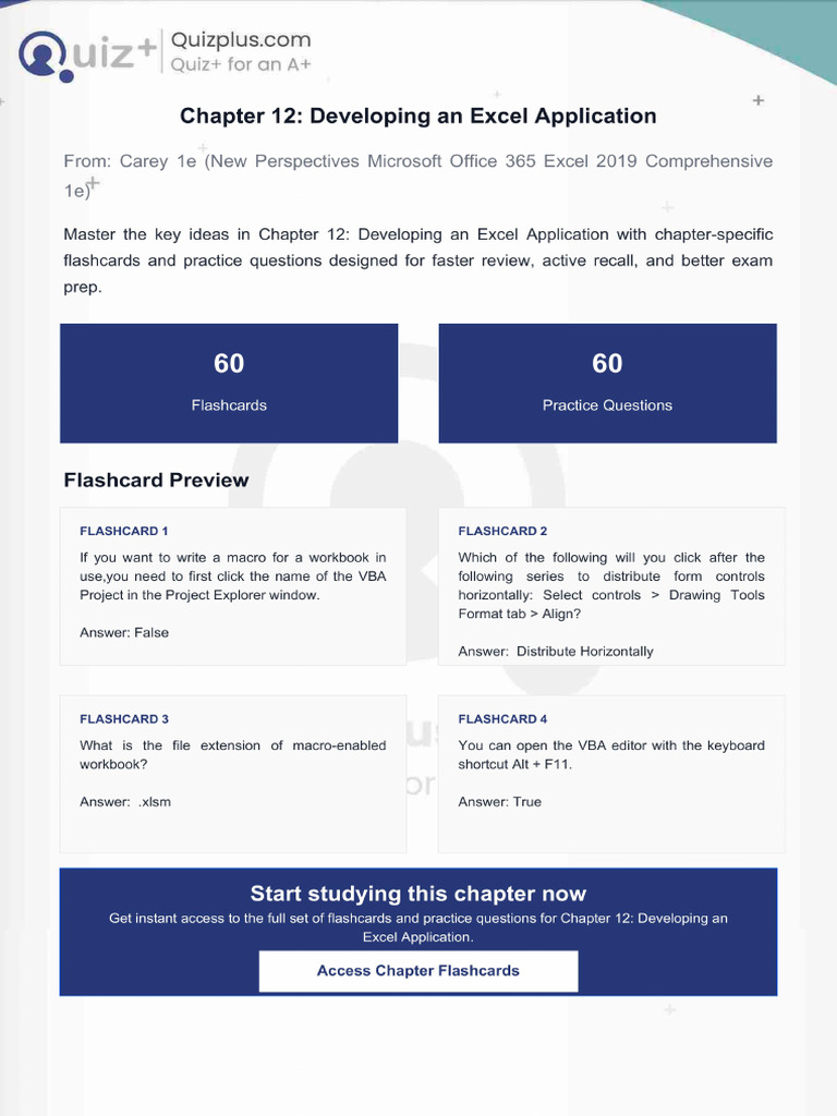 Flashcards for Chapter 12 Developing an Excel Application | PDF