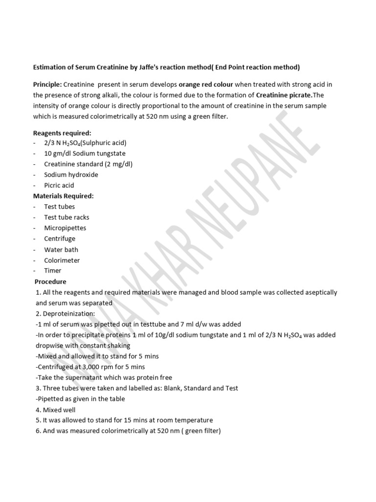 Estimation of Serum Creatinine by Jaffes Reaction | PDF