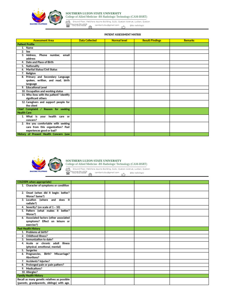 Patient Assessment Matrix | PDF | Pain | Medicine