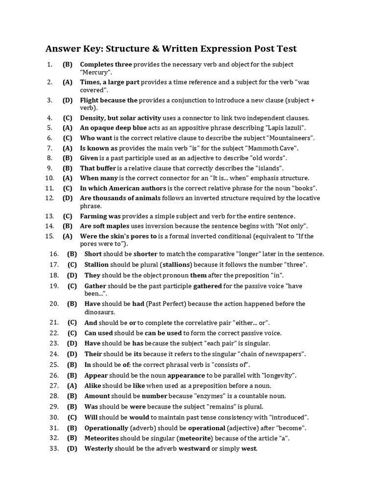 Answer Key Structure Post Test | PDF | Verb | Grammatical Number
