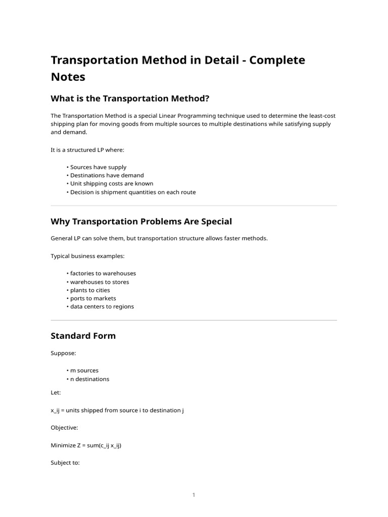 Transportation Method in Detail - Complete Notes | PDF | Mathematical ...