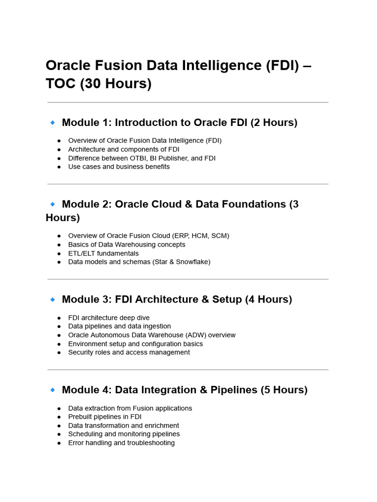 Oracle Fusion Data Intelligence (FDI) – TOC (30 Hours) | PDF