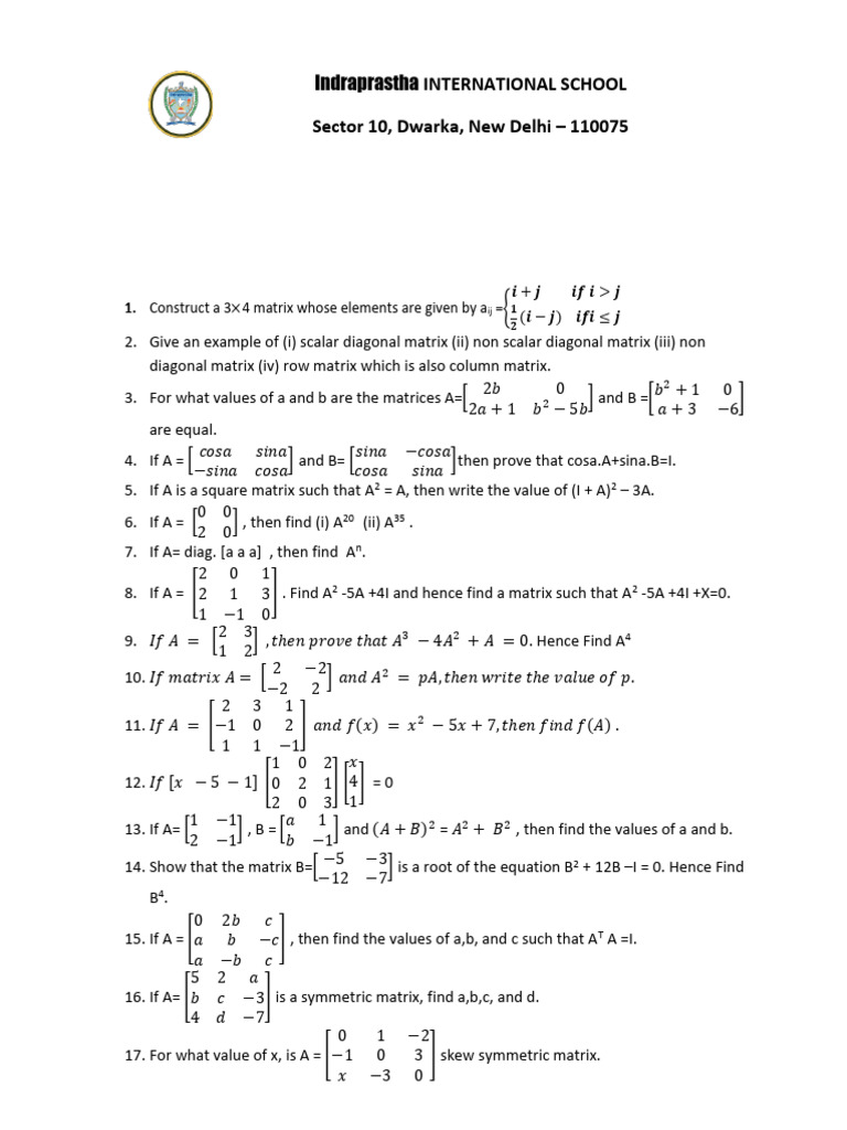 Matrix Worksheet 2024-25 | PDF | Matrix (Mathematics) | Algebra