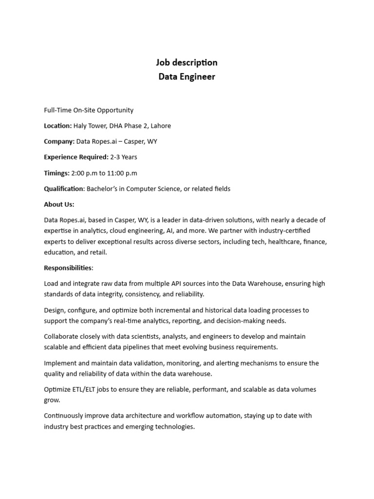 Job Description - Data Engineer | PDF | Data Warehouse | Data