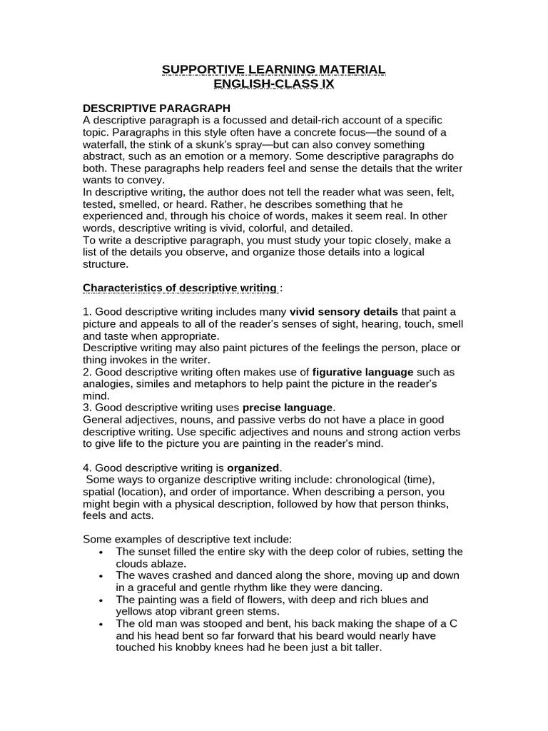 Descriptive Paragraph Handout | PDF | Adjective | Mind