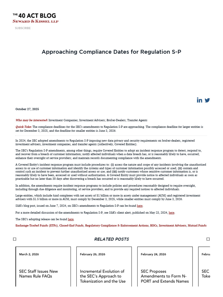 Approaching Compliance Dates for Regulation S-P | PDF | Financial ...