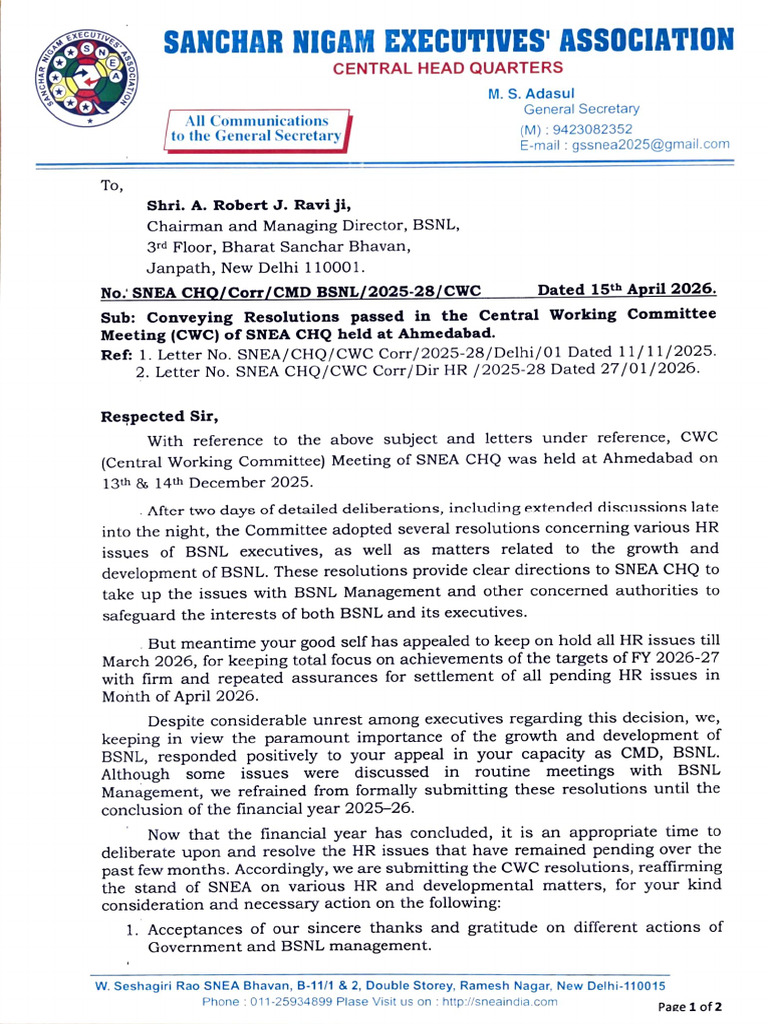 SNEA CWC Resolutions Letter to CMD BSNL 15042026 | PDF | Insurance ...