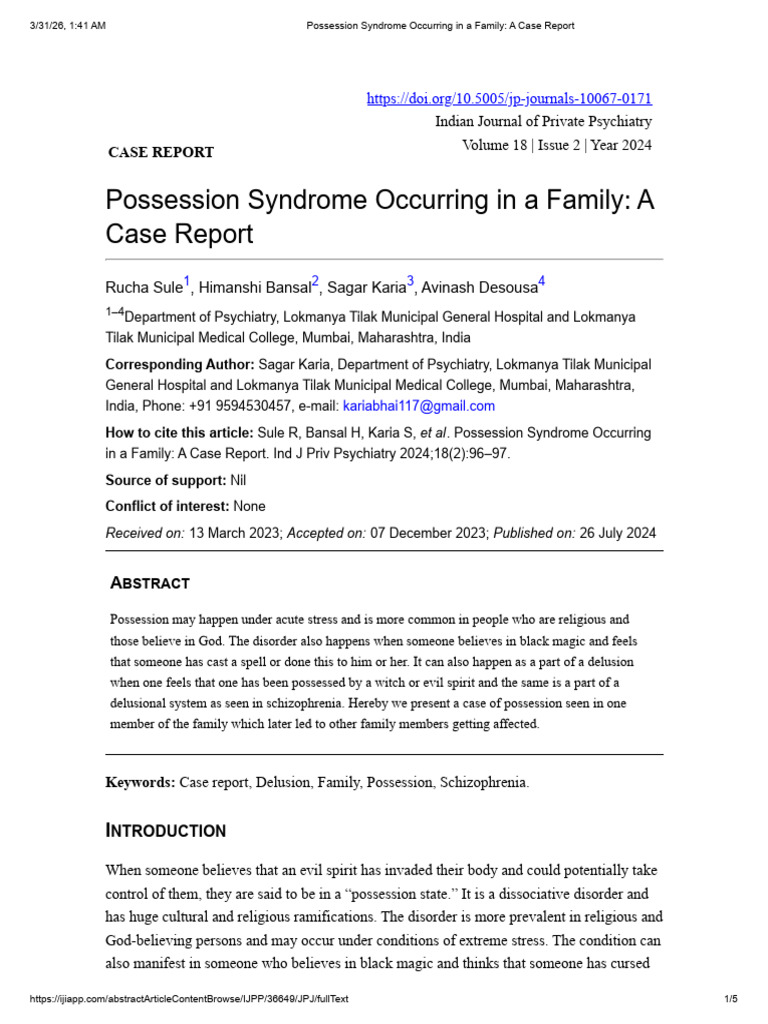 Possession Syndrome Occurring in a Family_ a Case Report | PDF | Mental ...