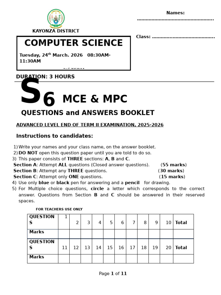 s6 Comp Science Kayonza District Term II Exam 2026 | PDF | Computer ...