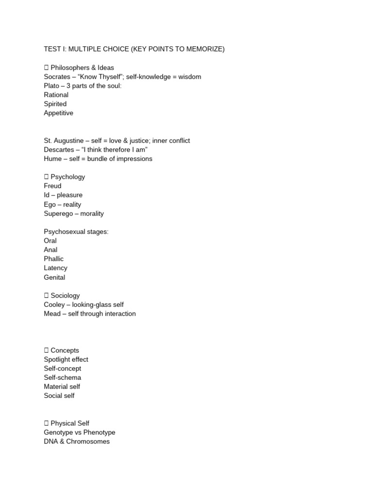Test I- Multiple Choice (Key Points to Memorize) | PDF | Philosophy Of ...