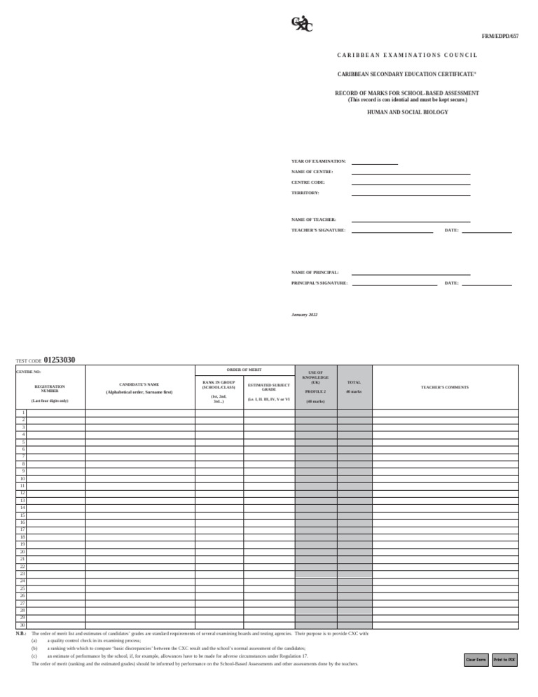 CSEC HSB Record-Of-Marks Fillable Jan2022 | PDF