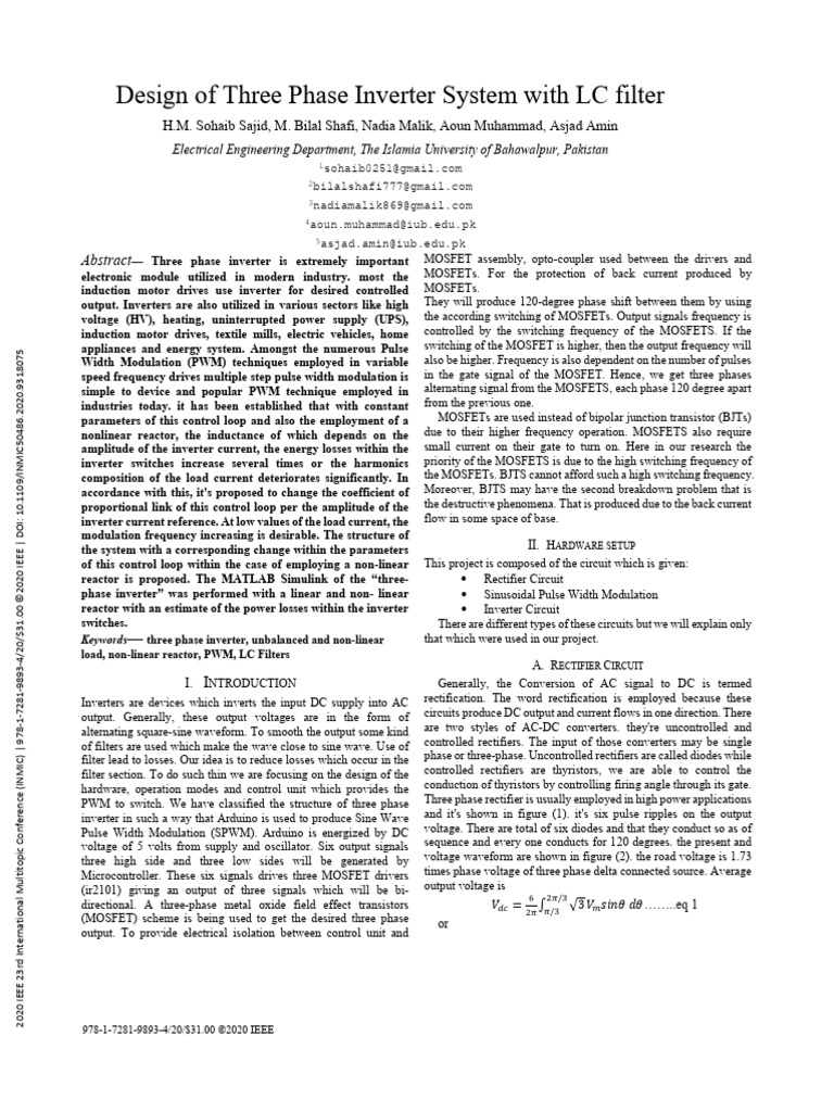 Design of Three Phase Inverter System With LC Filter | PDF