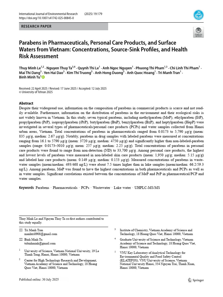 (2025) Parabens in PCP and Water Samples_IJER | PDF