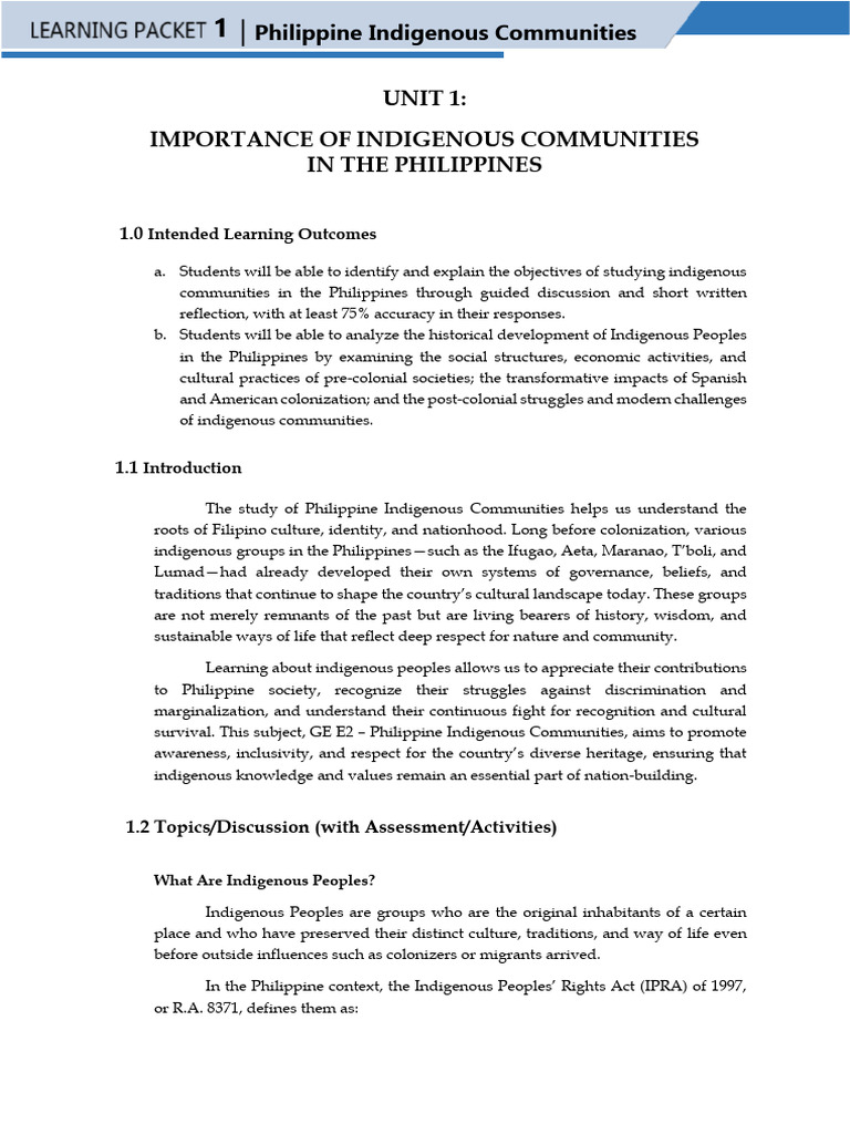 Unit 1: Importance of Indigenous Communities in The Philippines | PDF ...