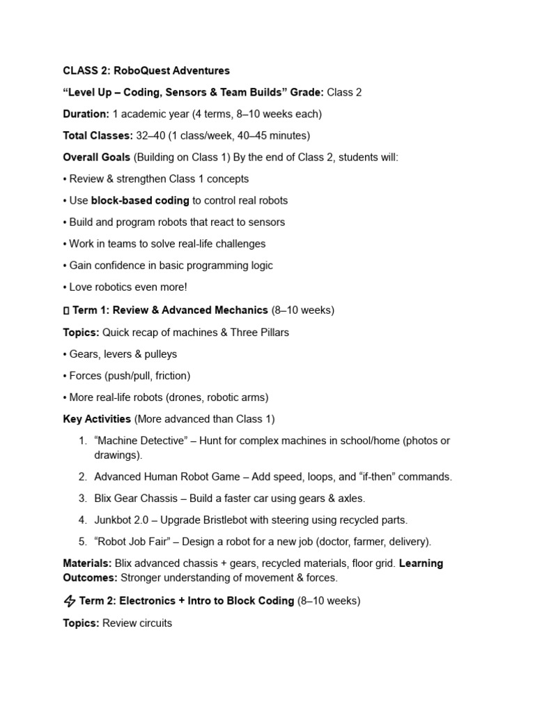 ? Class 2 Robotics Curriculum | PDF | Robot | Robotics