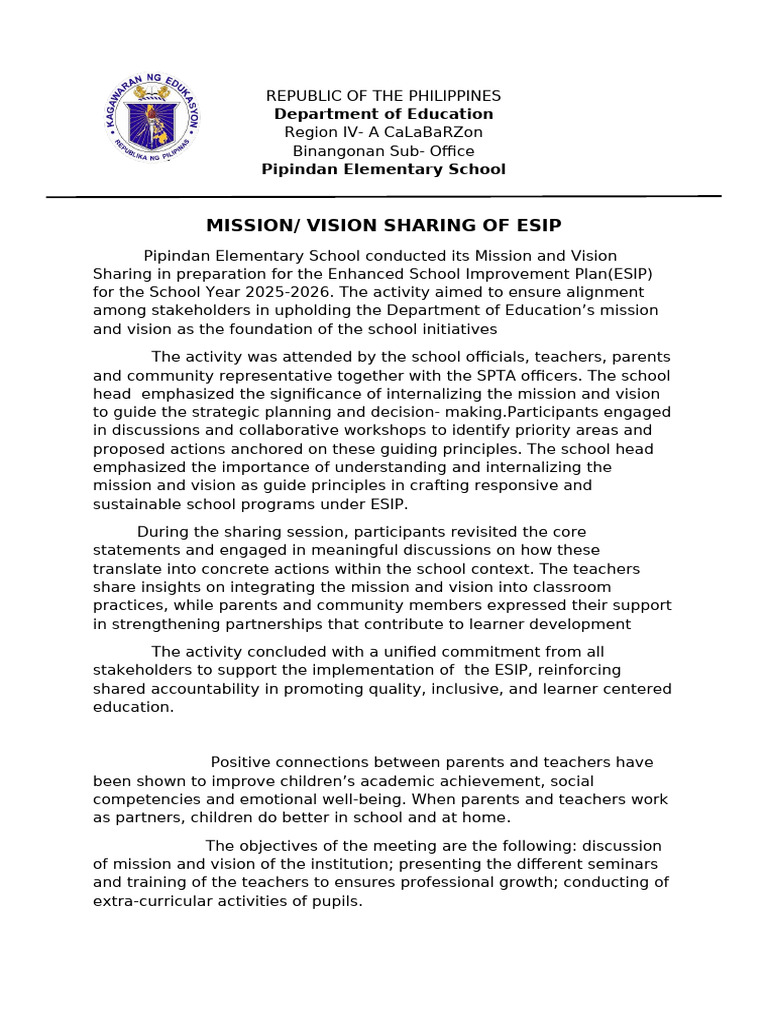 Pipindan ES Launching of School Project ESIP.sy 2025 2026 | PDF ...