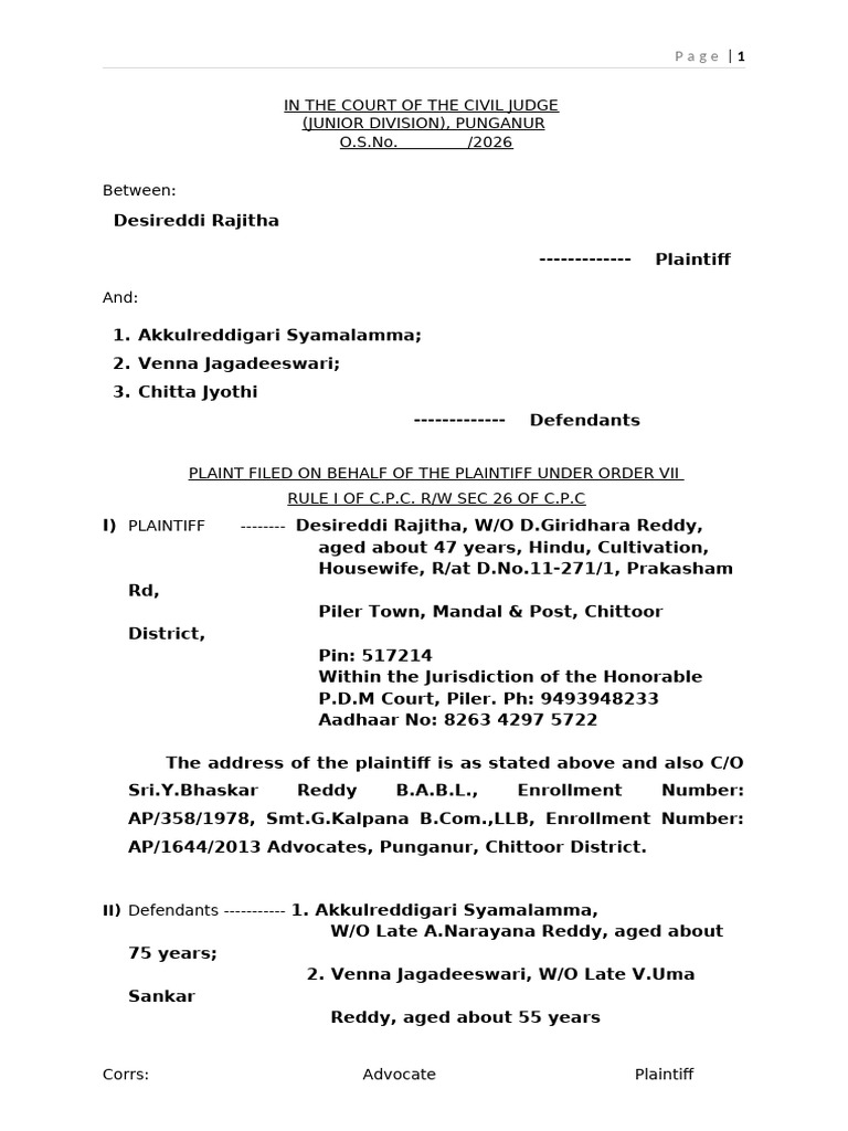 3 P Lakshmi Devamma Plaint (2) | PDF | Lawsuit | Justice