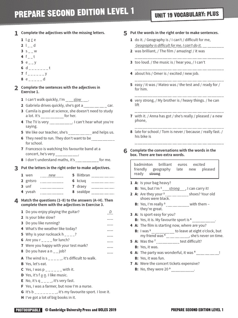 PREPARE 1 Vocabulary Plus Unit 19 | PDF