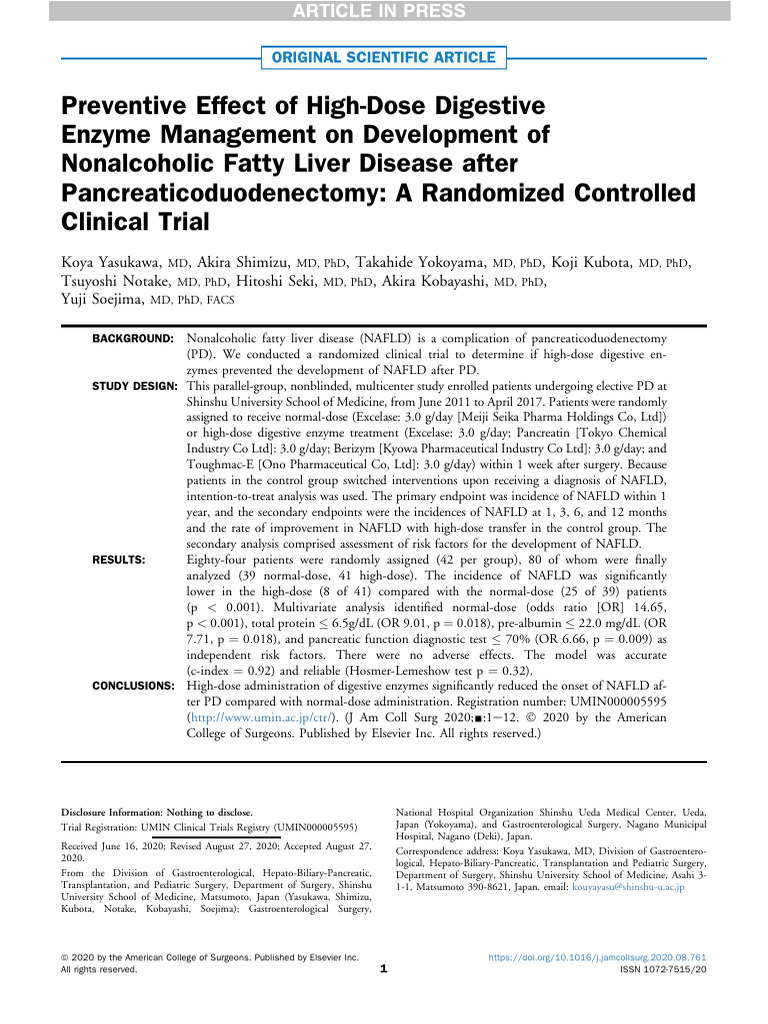 Preventive Effect of High-Dose Digestive Enzyme Management -- Yasukawa ...
