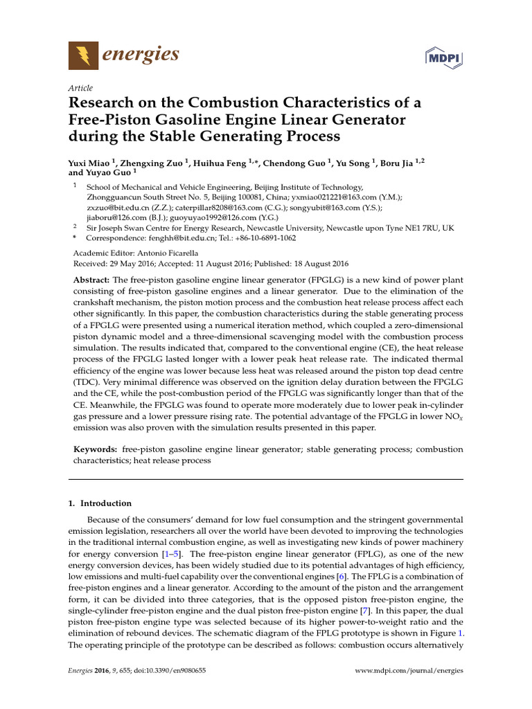 Research on the Combustion Characteristics of a Free-Piston Gasoline ...