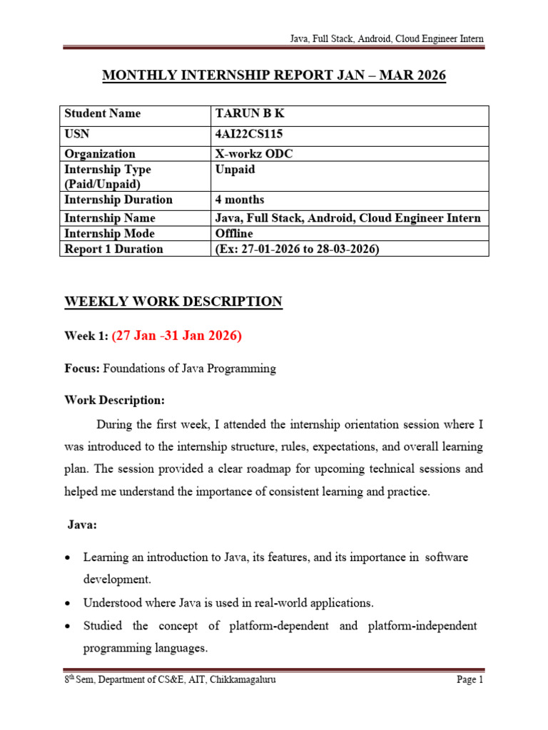 JANUVARY INTERNSHIP REPORT 2026 | PDF | Java (Programming Language ...