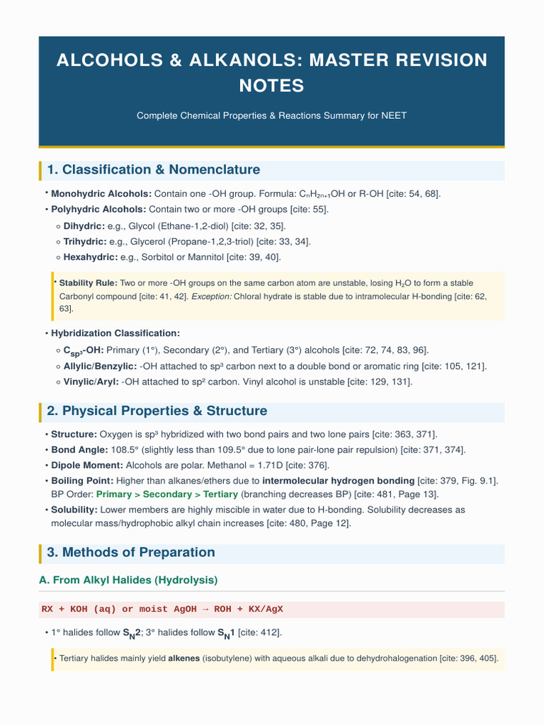 NEET_Comprehensive_Alcohol_Notes_v2 | PDF | Aldehyde | Alkene