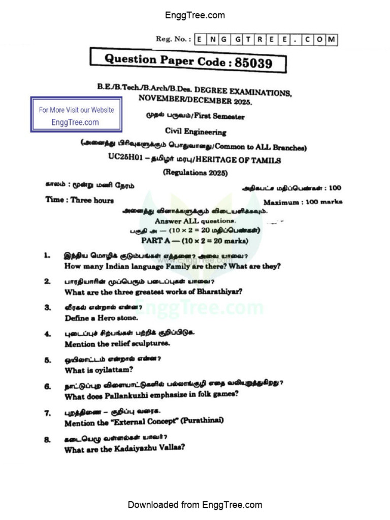 UC25H01 Heritage of Tamils Nov Dec 2025 Question Paper Download | PDF