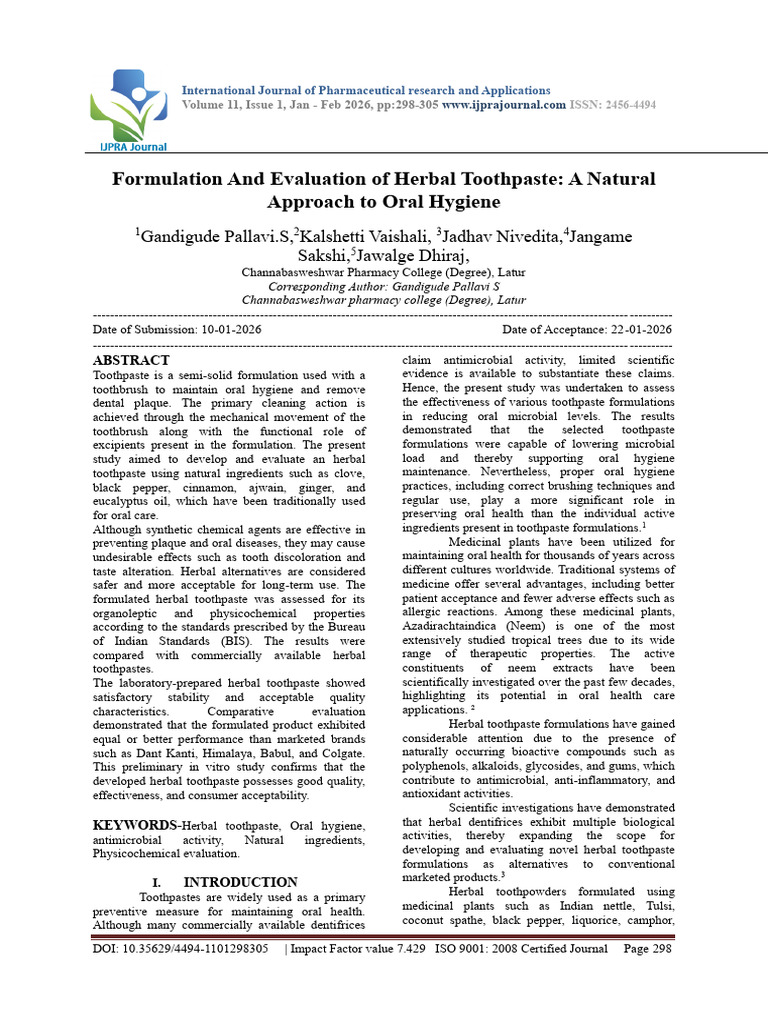 Formulation And Evaluation of Herbal Toothpaste A Natural Approach to ...