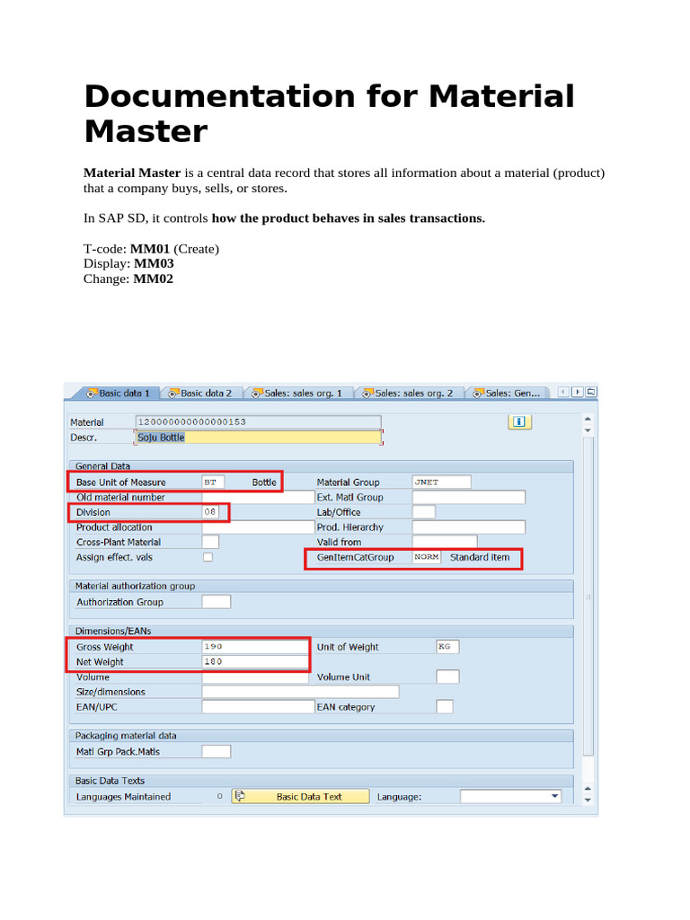 Documentation for Material Master | PDF | Inventory | Weight