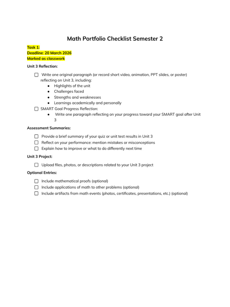 Math Portfolio Checklist - Semester 2 (1) | PDF